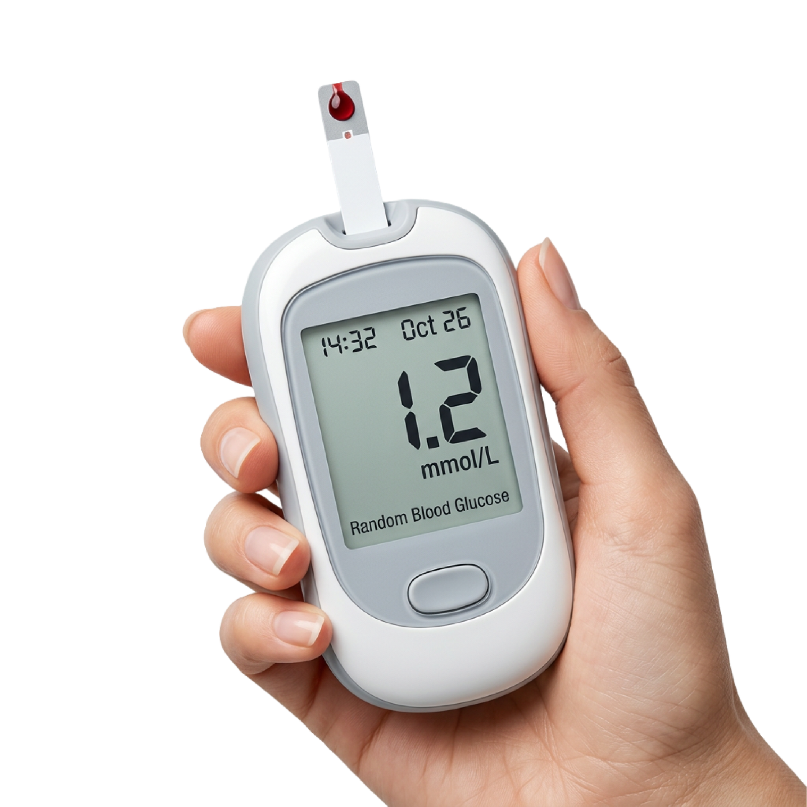 Hand holding a glucose meter with a test strip
